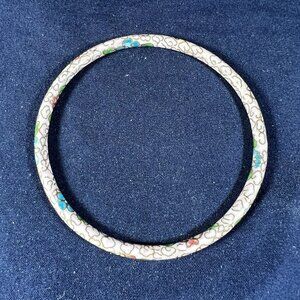 Vintage Cloisonne Bangle Bracelet White Multicolor Floral Gold Accents For Women
